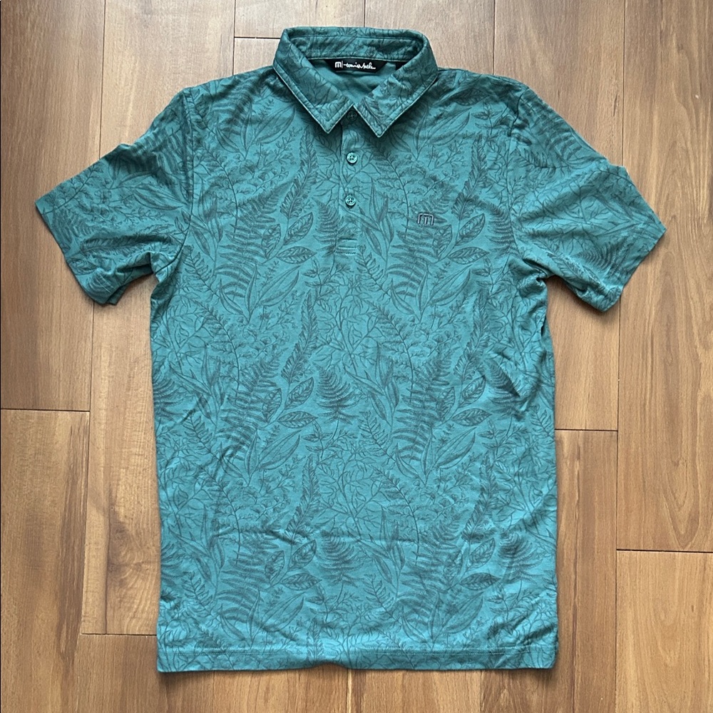 Travis Mathew Teal Leaf Pattern Polo Shirt